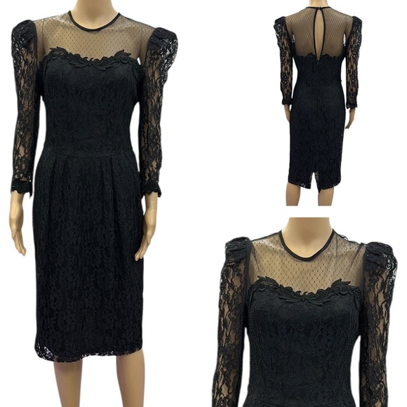 Vintage 80s Nancy Johnson Black Lace Overlay 3 Quarter Sleeve Dress Womens 10 - Picture 1 of 14